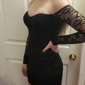 Solemio Black Lace Sleeve Homecoming Dress